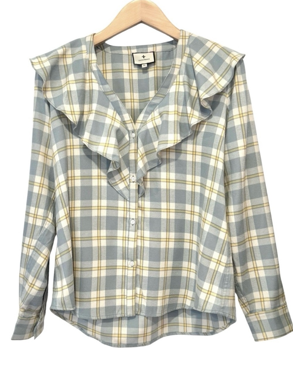 Tuckernuck Easton Blouse XL Blue Yellow Plaid Ruffle V-Neck Flannel Top NWOT